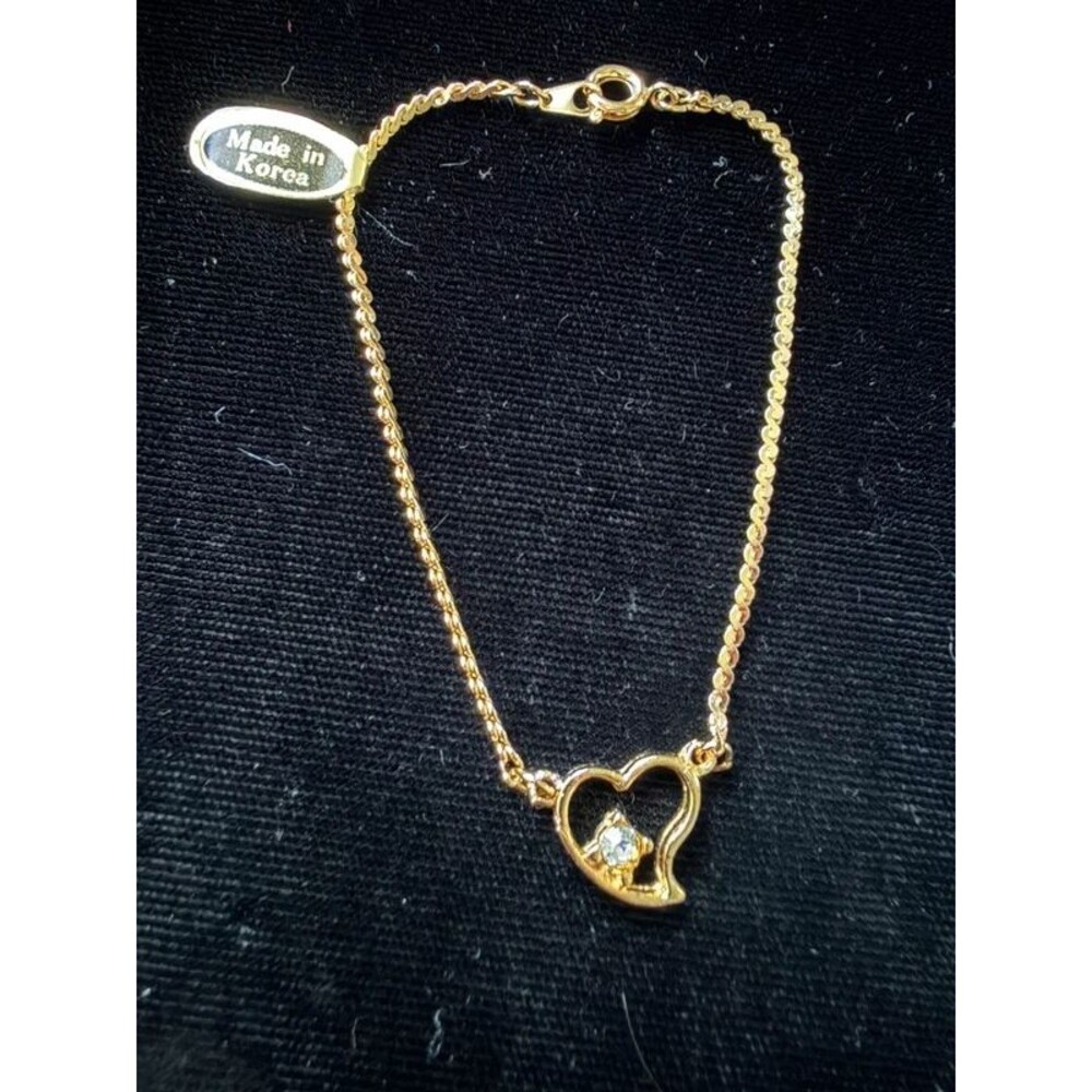 Gold Plated Heart Bracelet, Crystal, Made in Korea, 7"